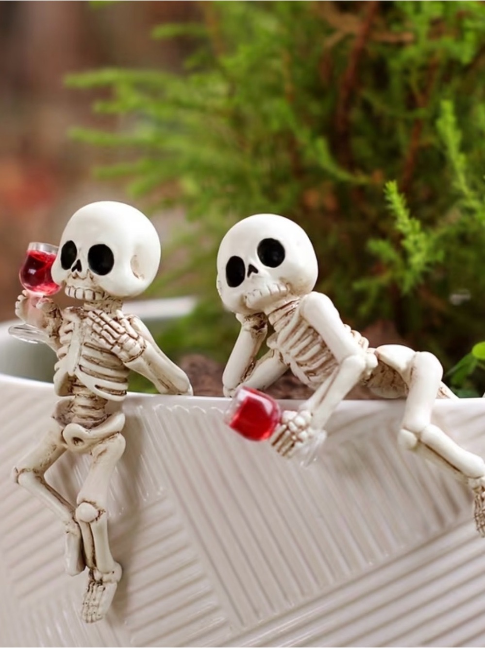 Halloween Skeleton Planter Hangers with Red Wine Glasses - White